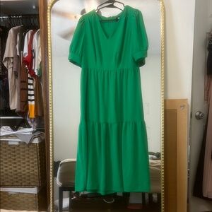 DKNY Green Tiered Midi Dress with Puff Sleeves